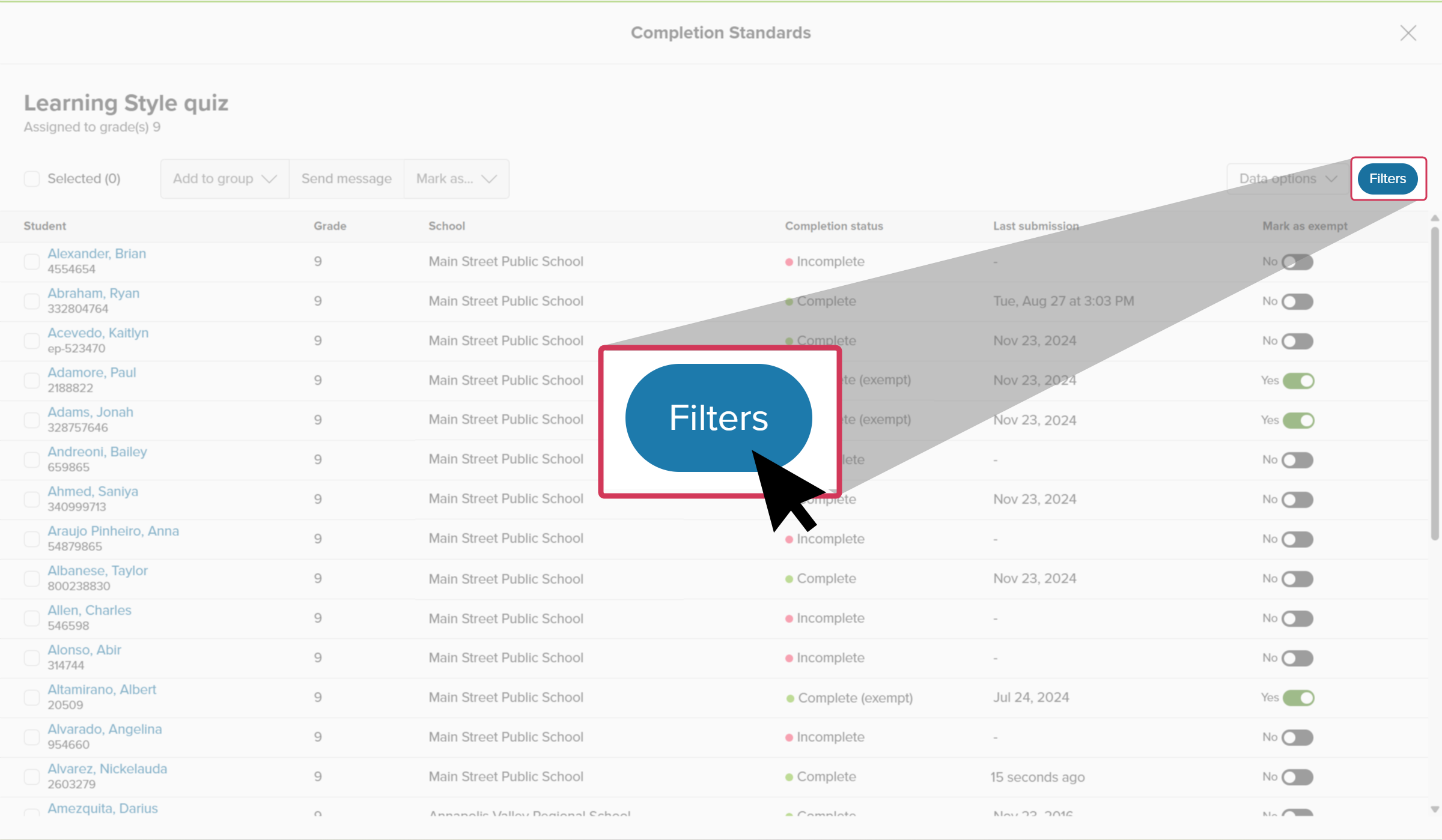 Educator account in Xello. The Completion Standards report for the Learning Styles quiz is open. The cursor is clicking Filters